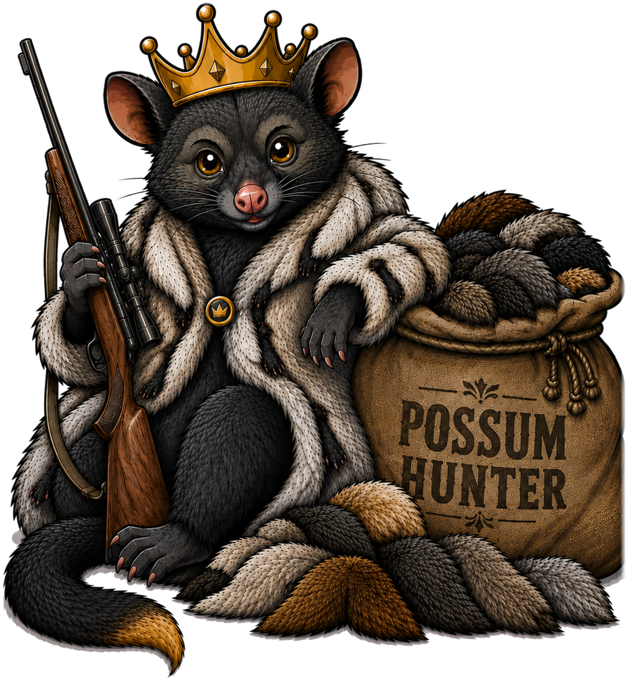 The Bushman mascot — a crowned possum with a rifle and a sack of premium NZ possum fur
